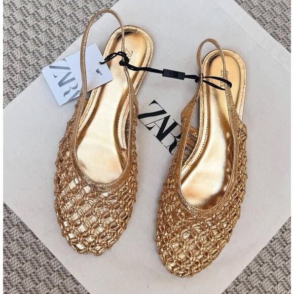 ZARA Metallic Ballet Flats NWT Gold Slingback Size 10 - Picture 6 of 15